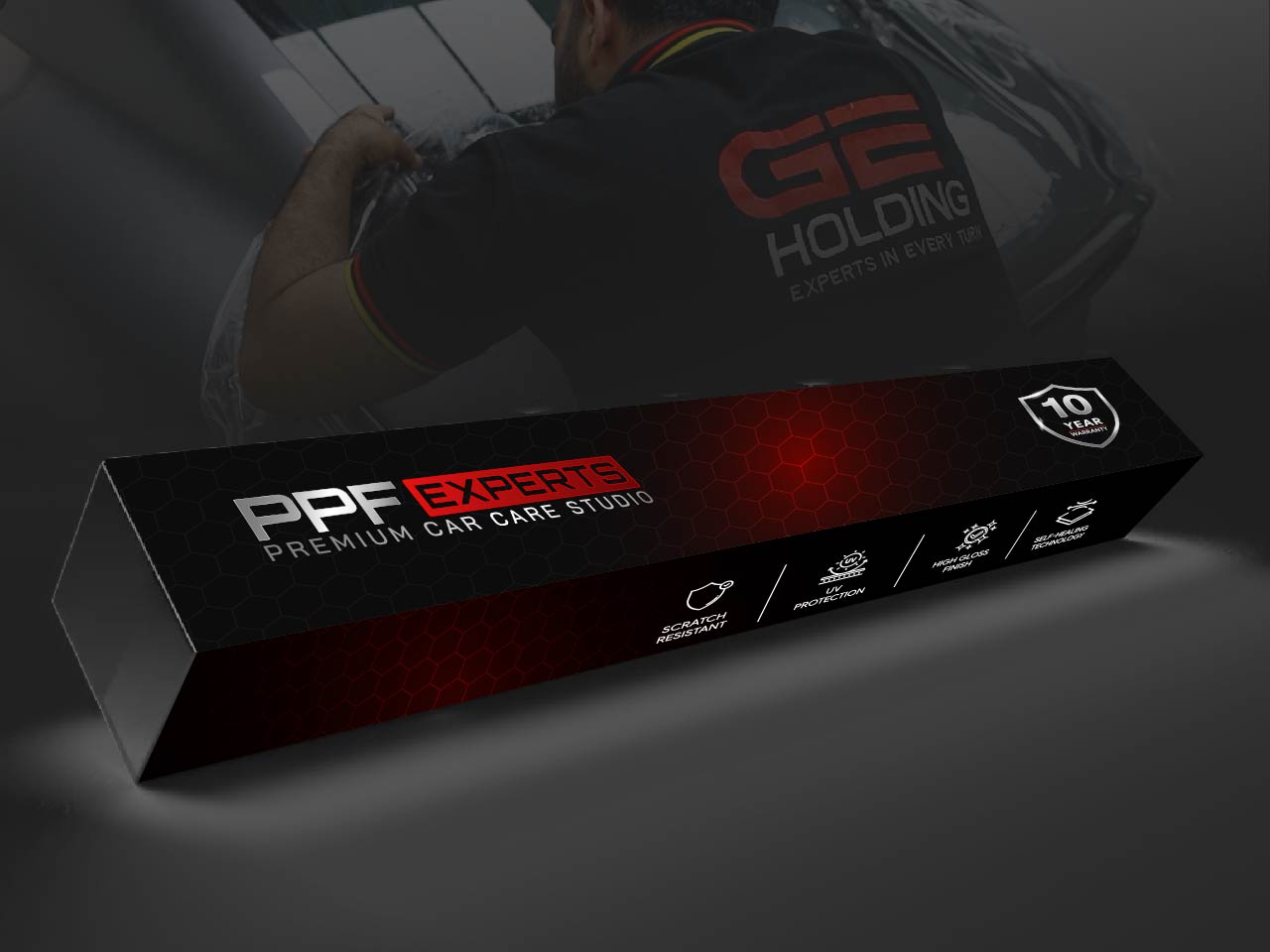 PPF Experts premium paint protection film box with GE Holding technician